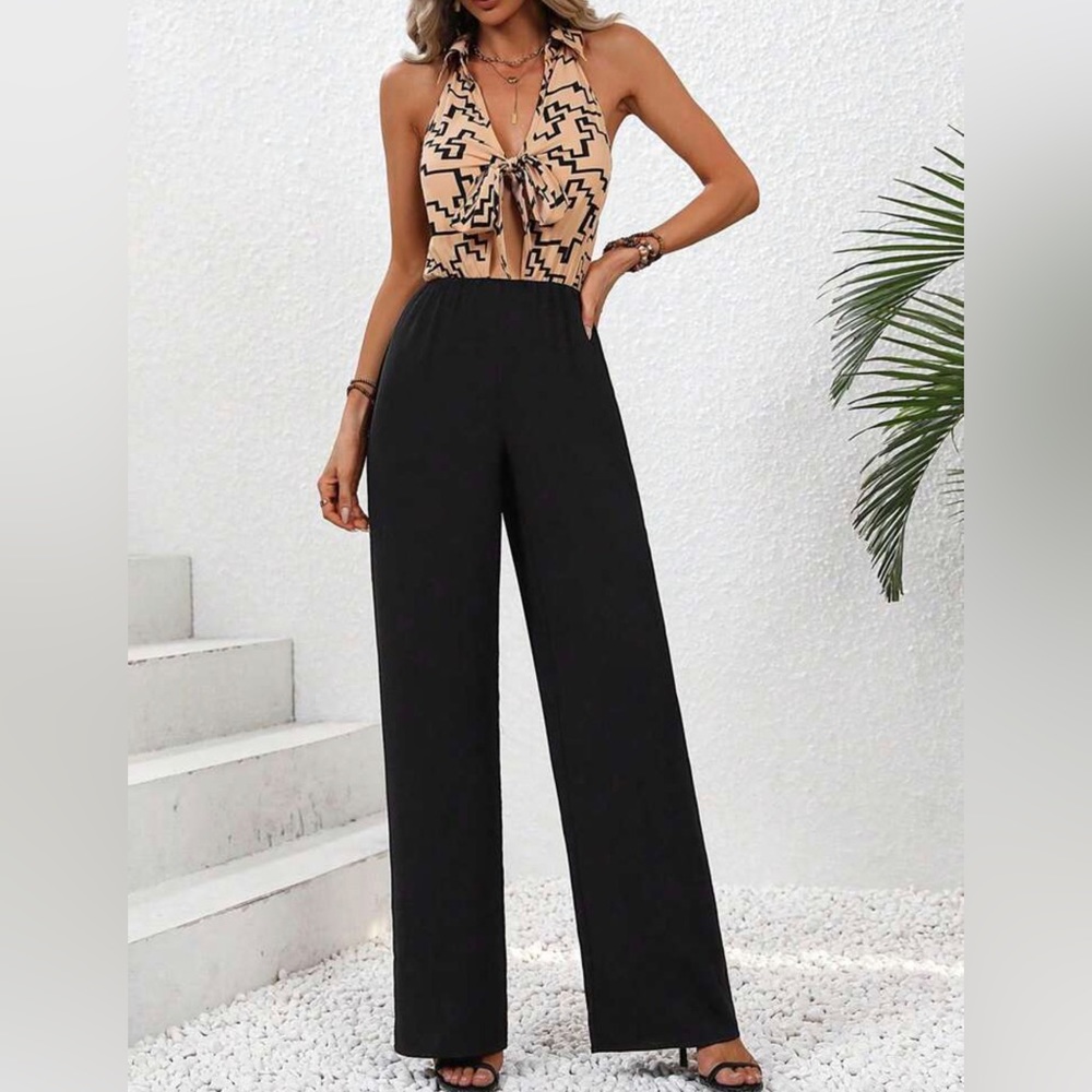 Geometric Print Tie Front Halter Wide Leg Romper Jumpsuit XL